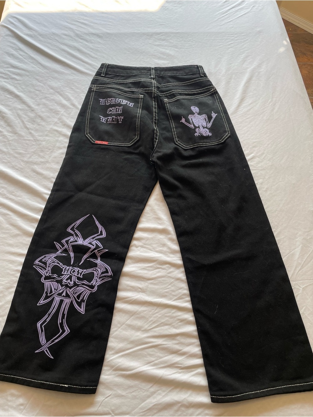 JNCO type Black wide leg Jeans with Lavender skull Graphic Prints